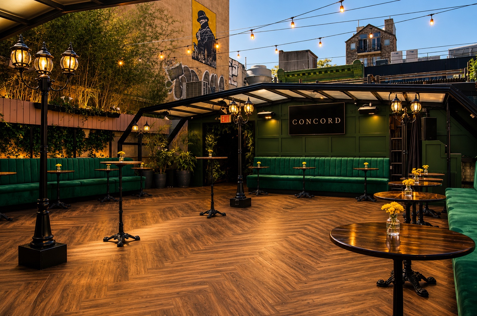 The Concord rooftop set for a private event